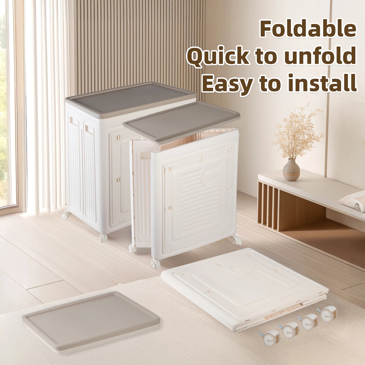 Foldable Storage Bins with Wheels – Large Stackable Storage Cabinet with Magnetic Doors