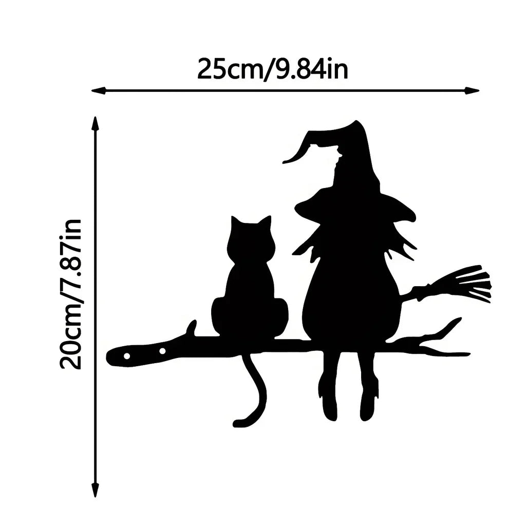 Iron Silhouette Witch & Cat Garden Stake for Halloween Yard Decor