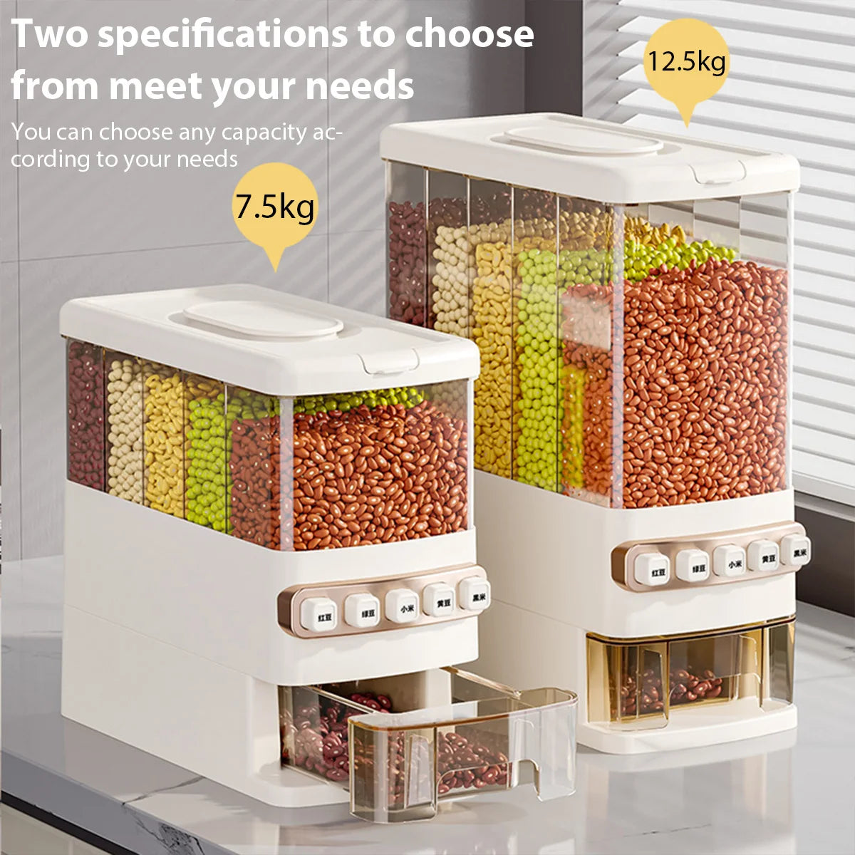 Dry Food Dispenser 12.5KG 5 Grids Food Grade Grain Storage Box