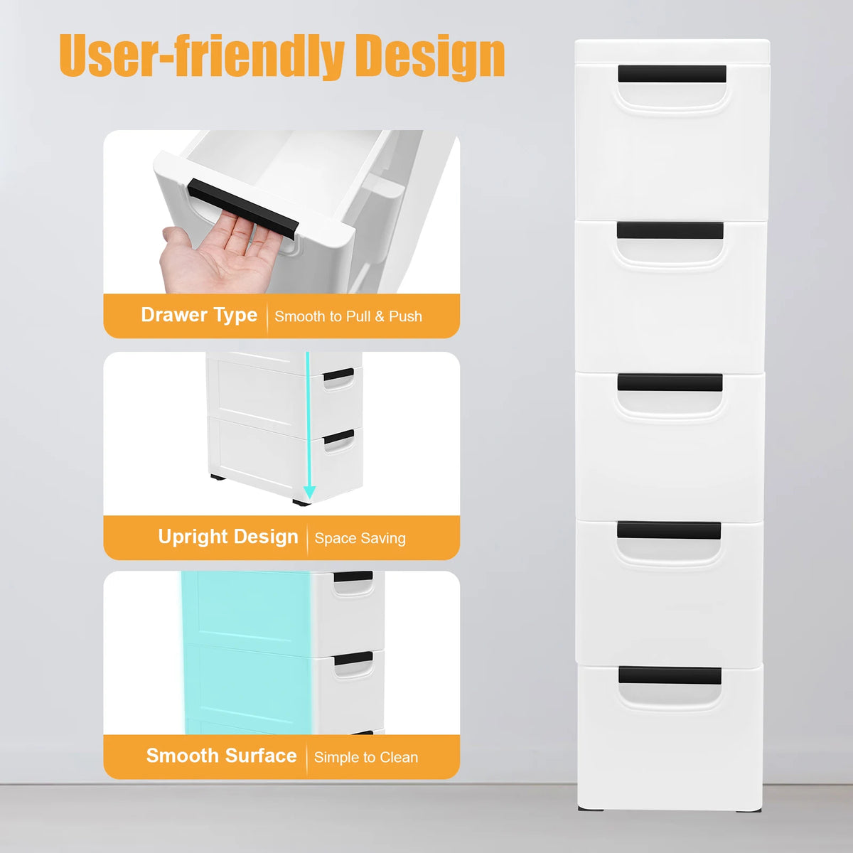 Plastic Storage Drawer Cabinet 5-Layer with Wheels (White)
