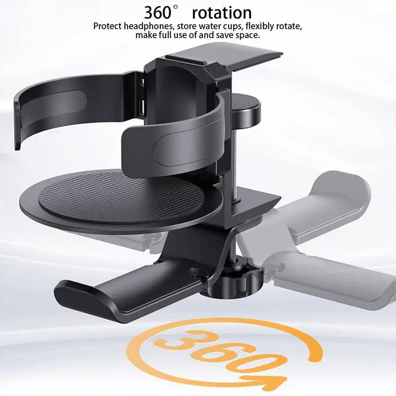 Clip-On Desk Cup Holder with Headphone Hook Rotating Game Desk Accessory (Black)