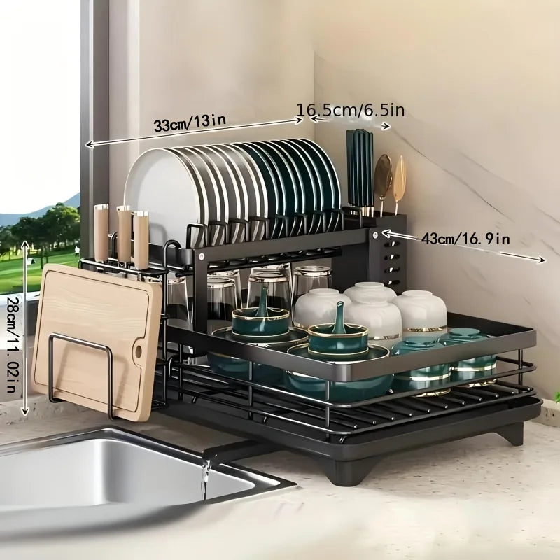 Extendable 2-Tier Dish Rack Organizer Large-Capacity Utensil Drainer (Black)