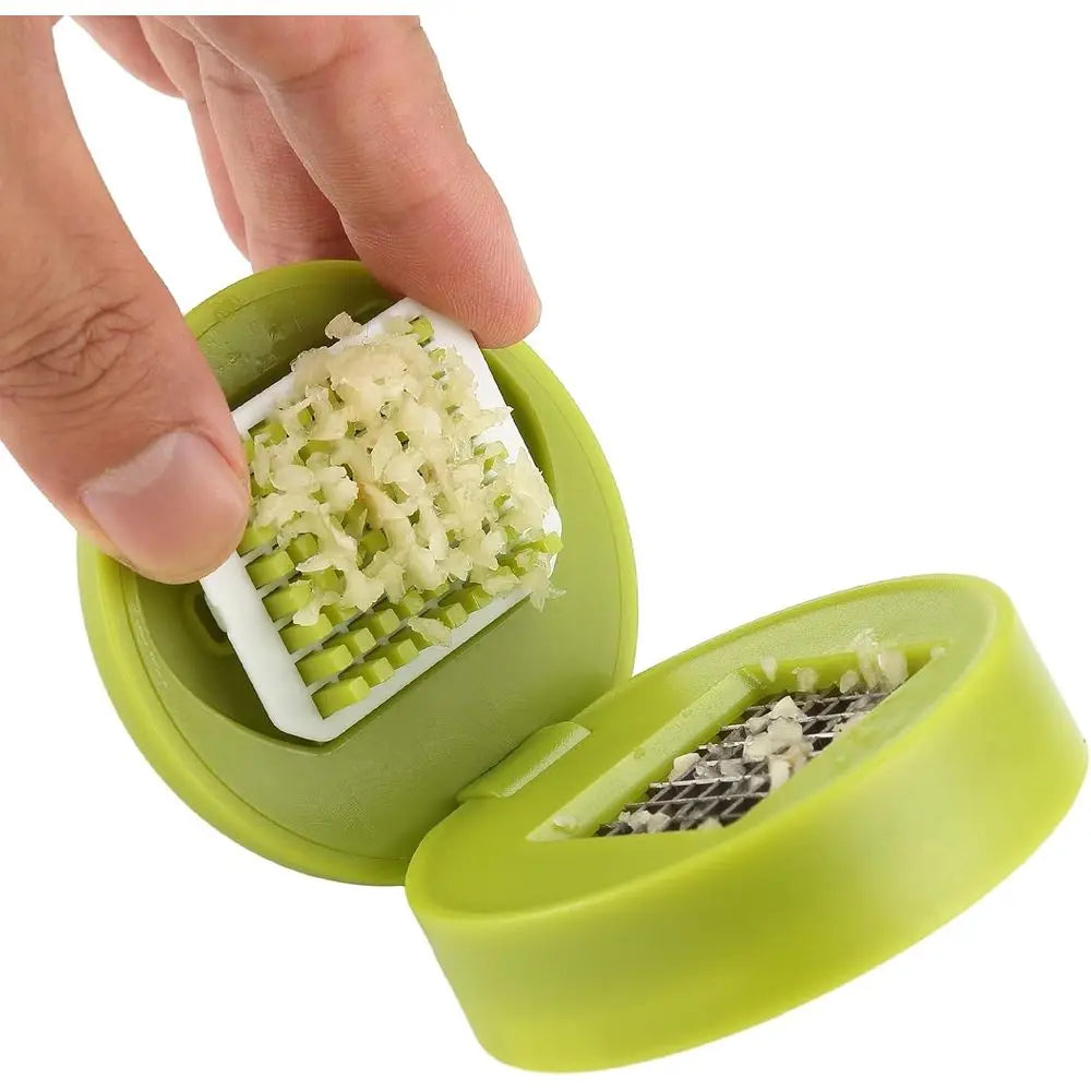 2-Piece Garlic Press and Mincer Set with Stainless Steel Blades, Storage Container &amp; Mini Cleaning Brushes – Kitchen Tool for Home and Camping
