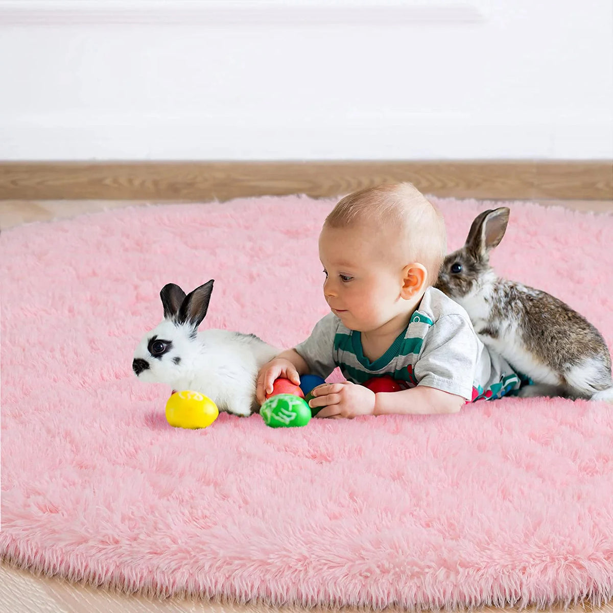 Round Fluffy Area Rug Thick Plush for Living Room Bedroom (Pink)