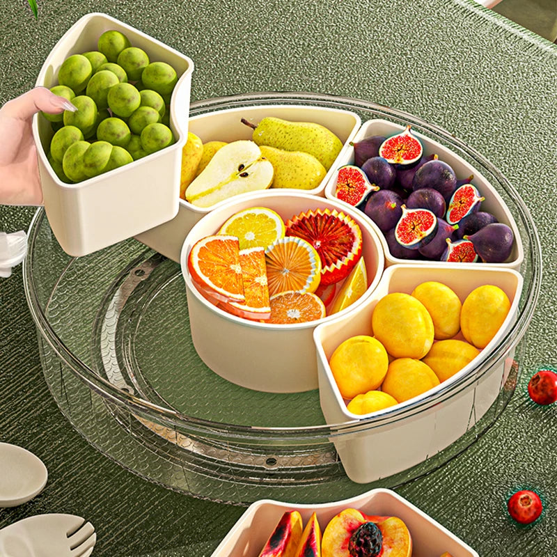 Rotating Fruit Tray with Lid &amp; Handle 6-Grid Clear Divided Snack Box