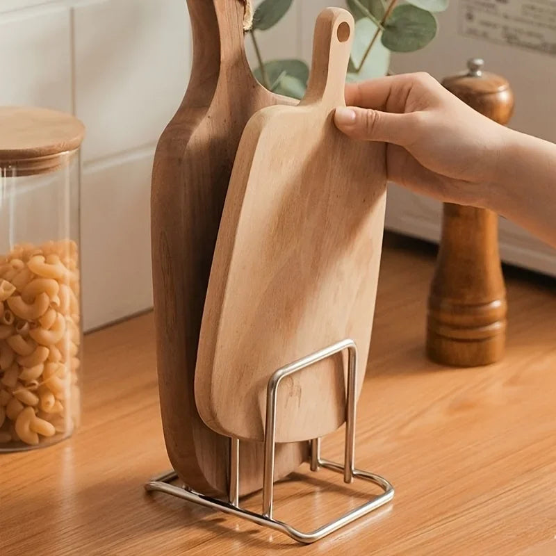 Stainless Steel Pot Lid Organizer &amp; Cutting Board Rack, Heavy-Duty Countertop Kitchen Storage Organizer, Space-Saving Lid Holder &amp; Cutting Board Stand
