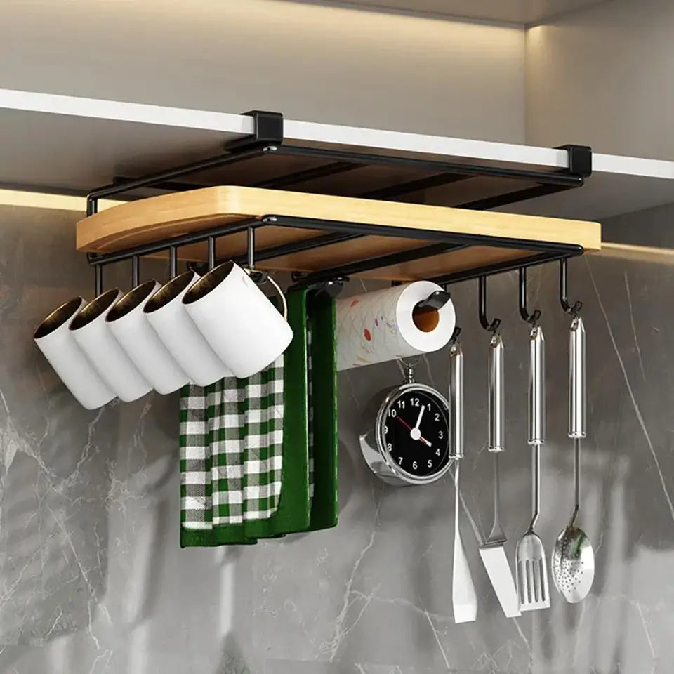 Kitchen Hanging Organizer with Hooks Pot Pan Lid Holder Paper Towel Rack