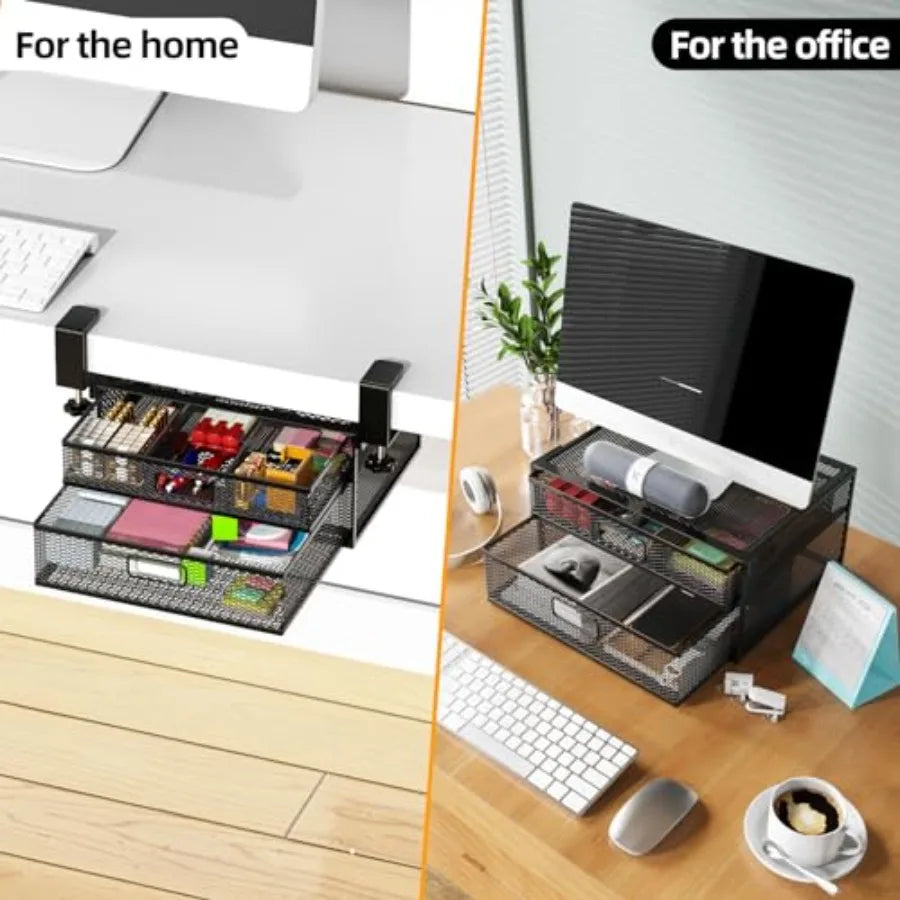 Under Desk Drawer Organizer No Drilling – 2 Slide Out Drawer Clamp-On Storage for Under Desk Management