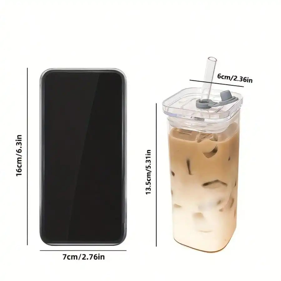 Square Glass Cups with Lids and Straws 6-Pack 13 oz – Reusable Iced Coffee Tumblers with Cleaning Brush for Smoothies, Boba Tea, Home, Office &amp; Travel