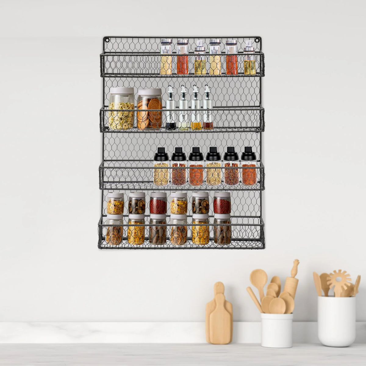 4-Tier Iron Wall Mounted Storage Shelf for Spice Jars and Bottles