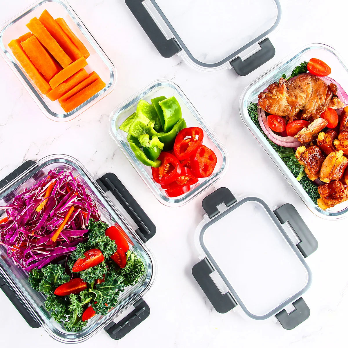 Glass Food Storage Containers Set 8-Piece Leakproof BPA-Free Microwave Oven Safe (Gray)