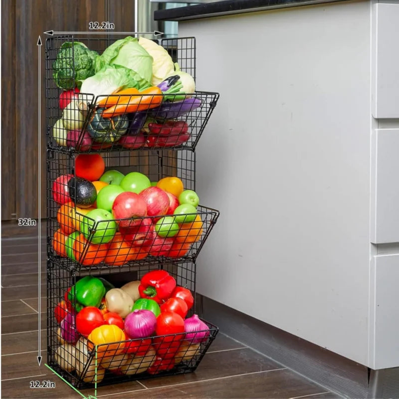 3 Tier Metal Wire Wall Mount Basket Rustic Kitchen Fruit Bin &amp; Bathroom Storage Rack