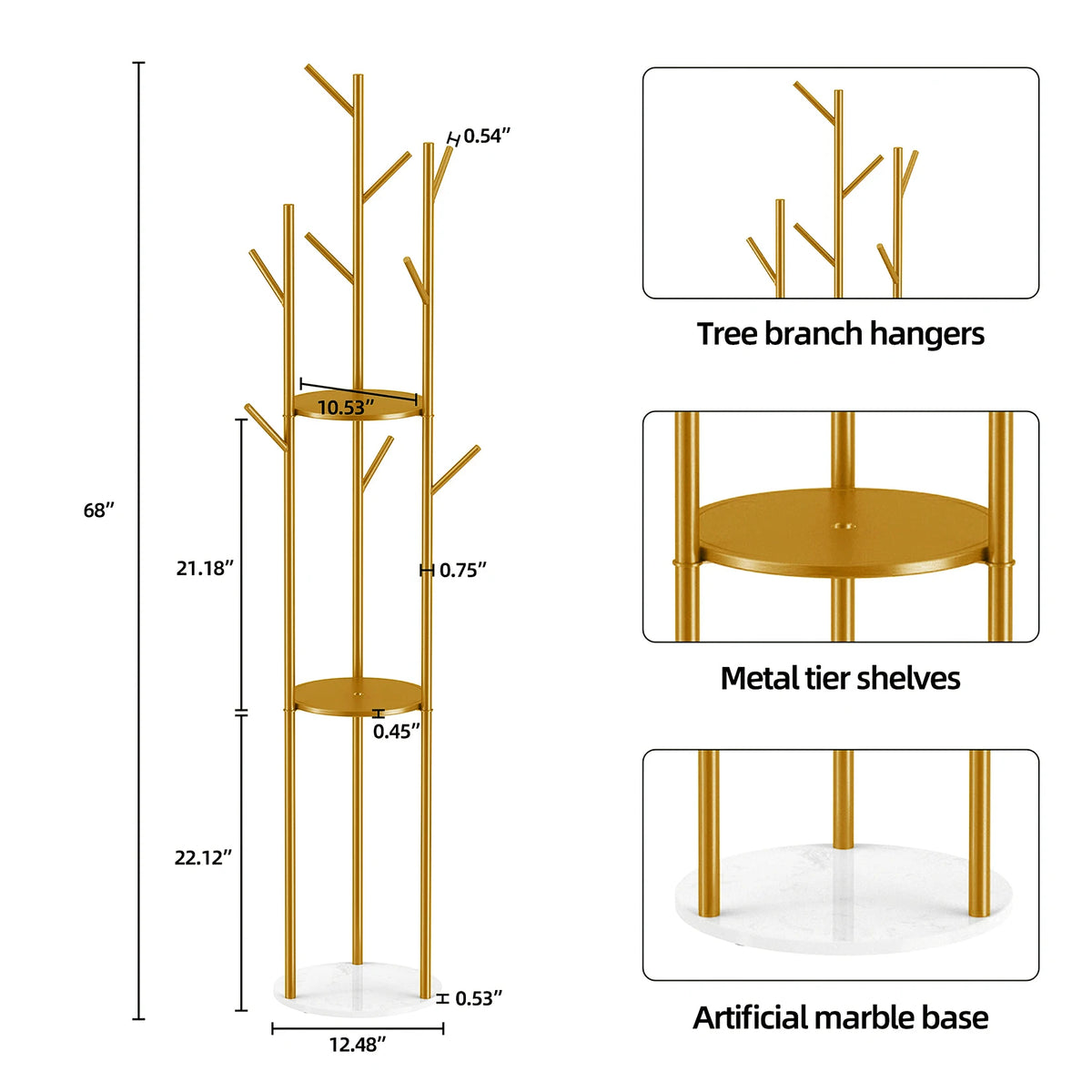 Tall Gold Metal Coat Rack Stand Heavy Duty Marble Base Clothes Hanger