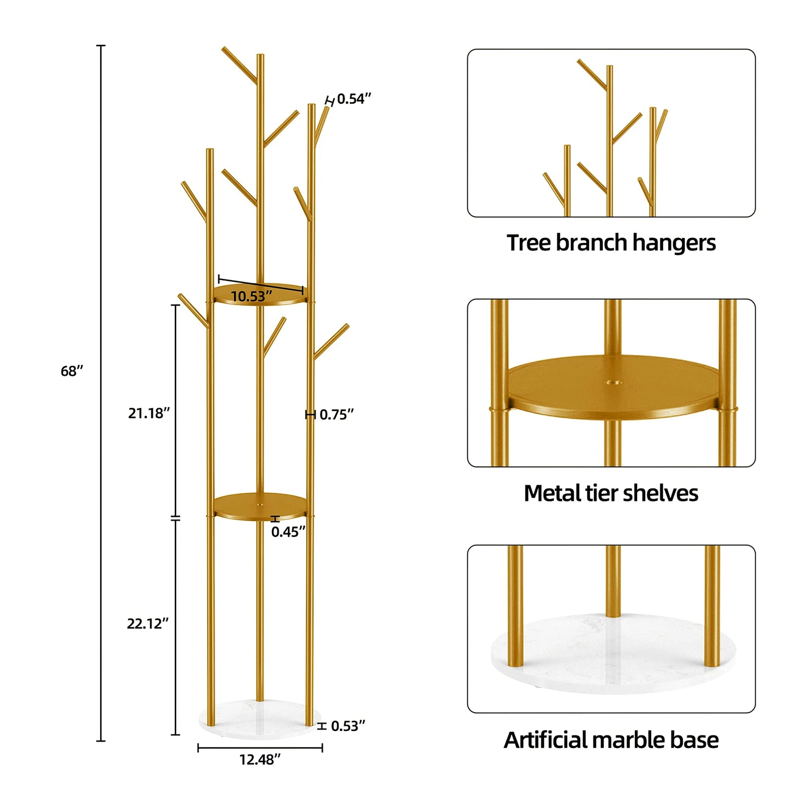 Tall Gold Metal Coat Rack Stand Heavy Duty Marble Base Clothes Hanger