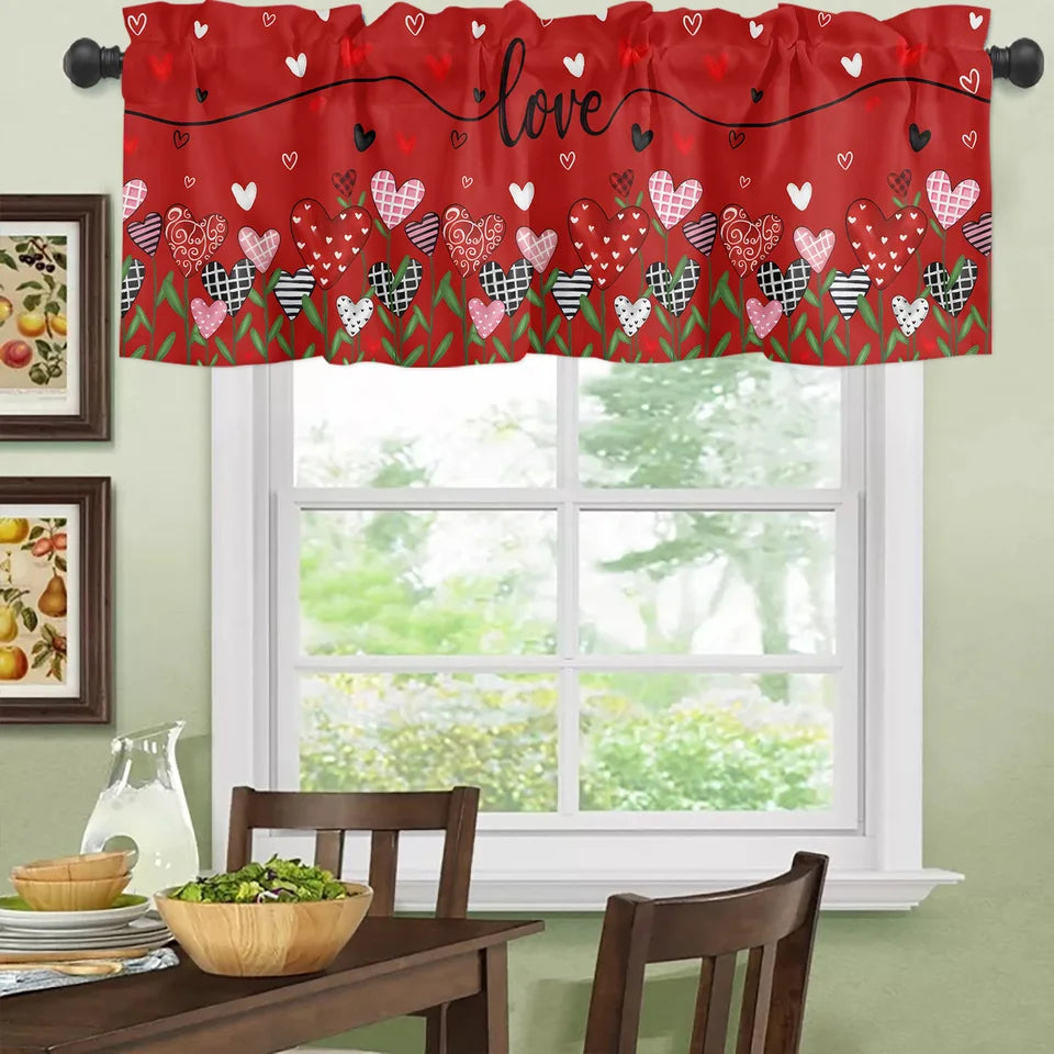 Valentine's Day Heart Window Valance – Red &amp; White "Love" Script Curtain