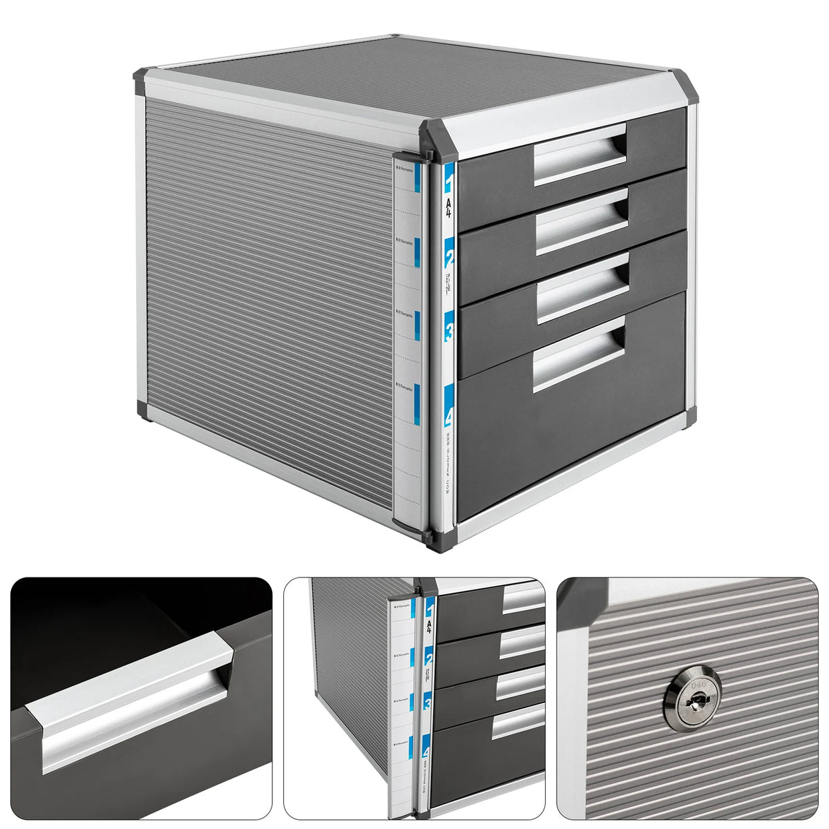 Aluminum Alloy A4 Document Storage Box with Lock &amp; 4 Drawers