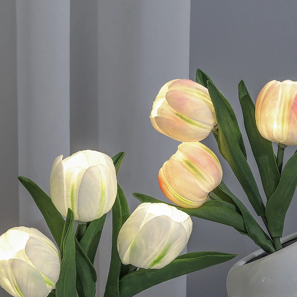 LED Tulip Night Light Realistic Artificial Flower Table Lamp for Home Decor (White)