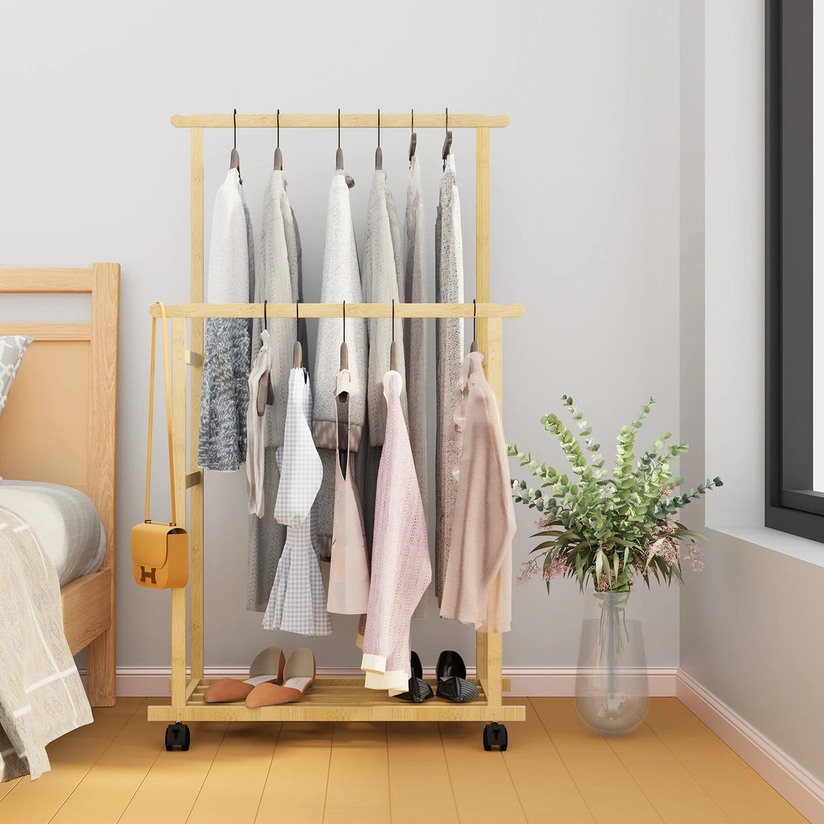 Bamboo Double Clothes Rack with Wheels and Shelves