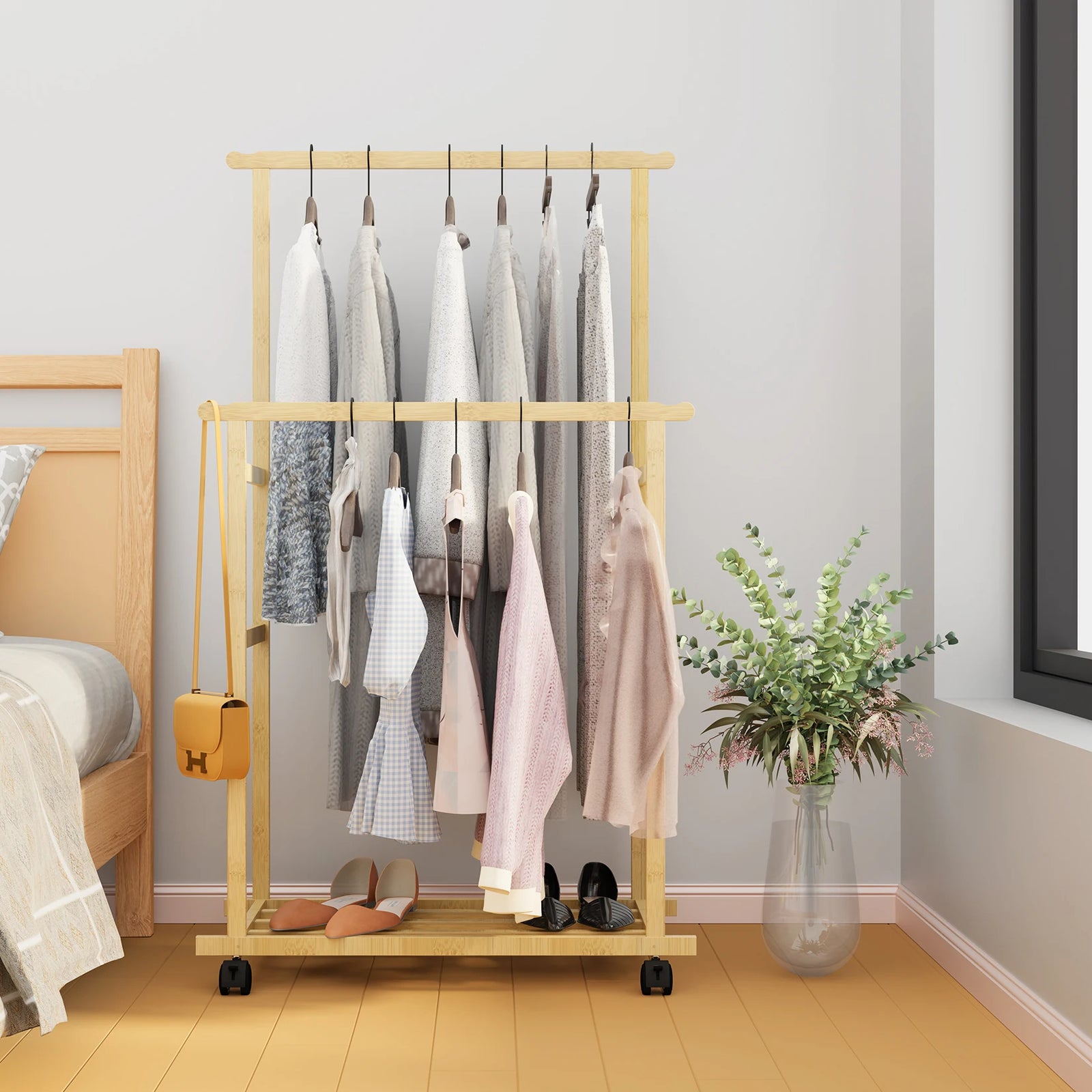 Bamboo Double Clothes Rack with Wheels and Shelves