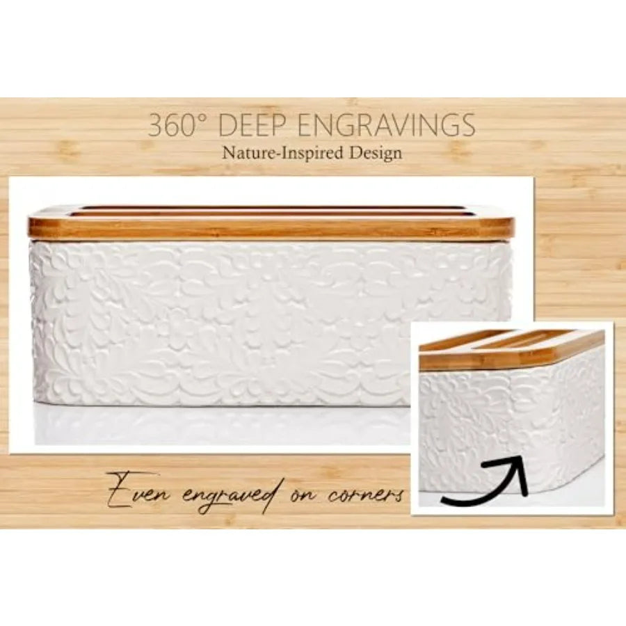 Ceramic Bread Box Storage Container with Thick Bamboo Cutting Board Lid for Kitchen Countertop