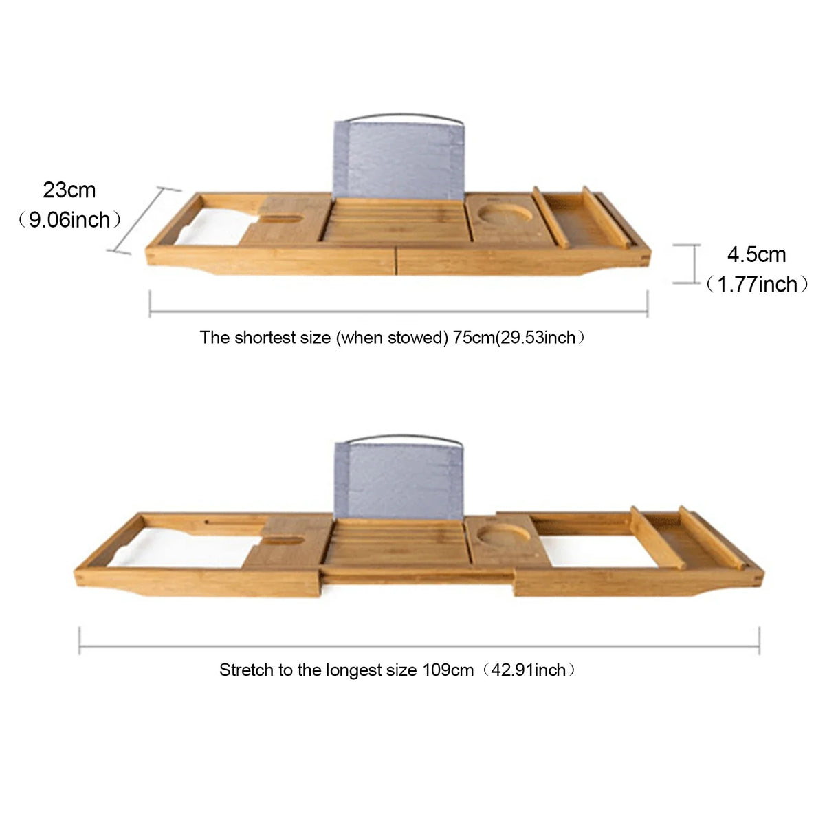 Adjustable Bamboo Bathtub Shelf Bath Board Organizer with Tablet Holder and Wine Glass Slot