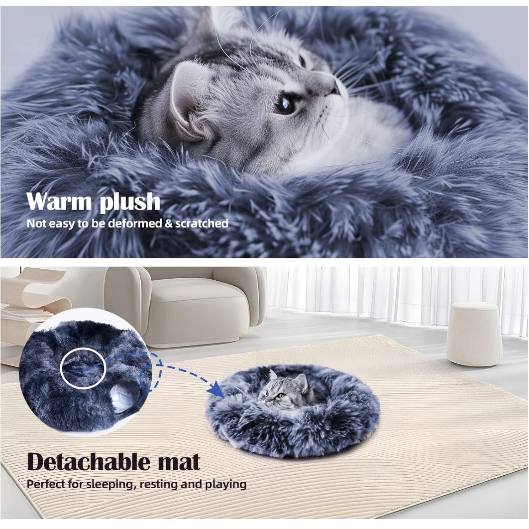 Plush Cat Tunnel Bed The Ultimate 3-in-1 Cat Accessory (Gray)