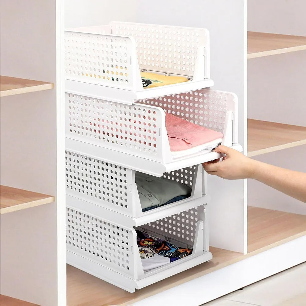 Stackable Folding Storage Bins 4-Pack Plastic Closet Organizers for Clothing Drawers (Gray)