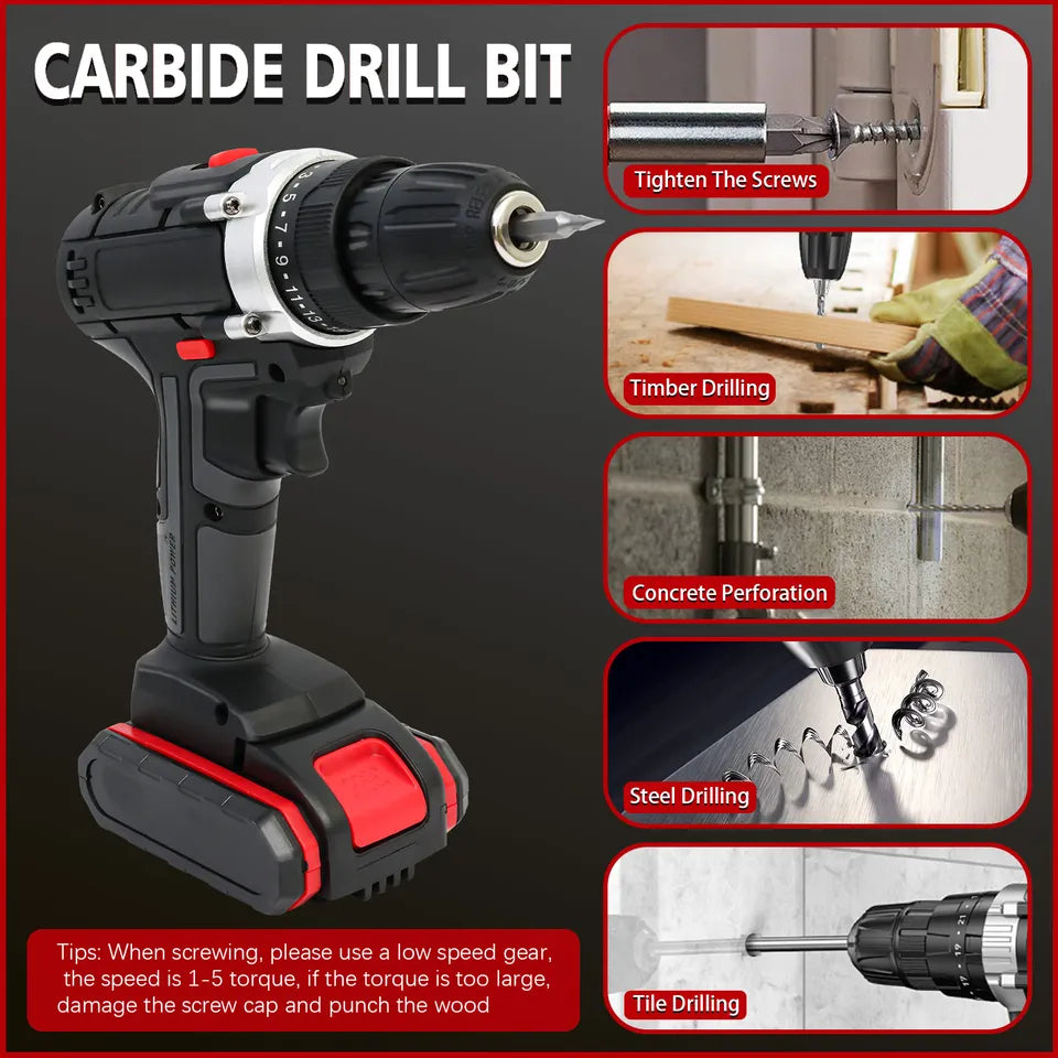 Heavy Duty 21V Electric Drill Driver Dual Battery Wireless Power Tool
