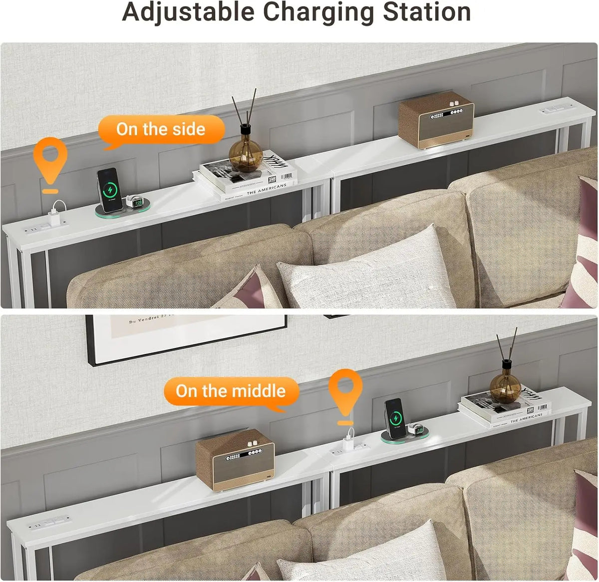 Sofa Console Table with Built-in Charging Station (Black)
