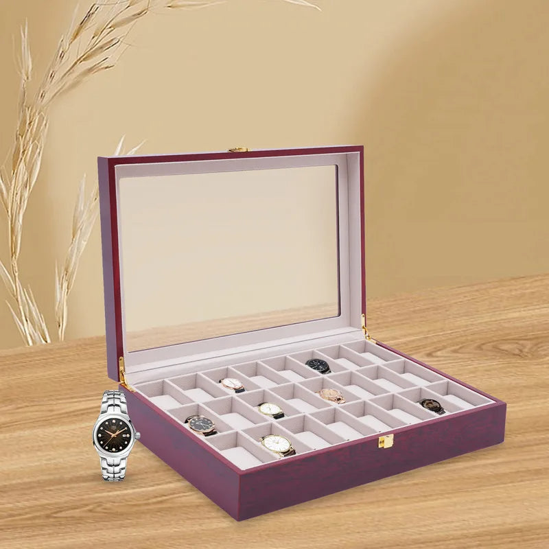 24 Slot Wooden Watch Organizer Display Case with Glass Top Lock