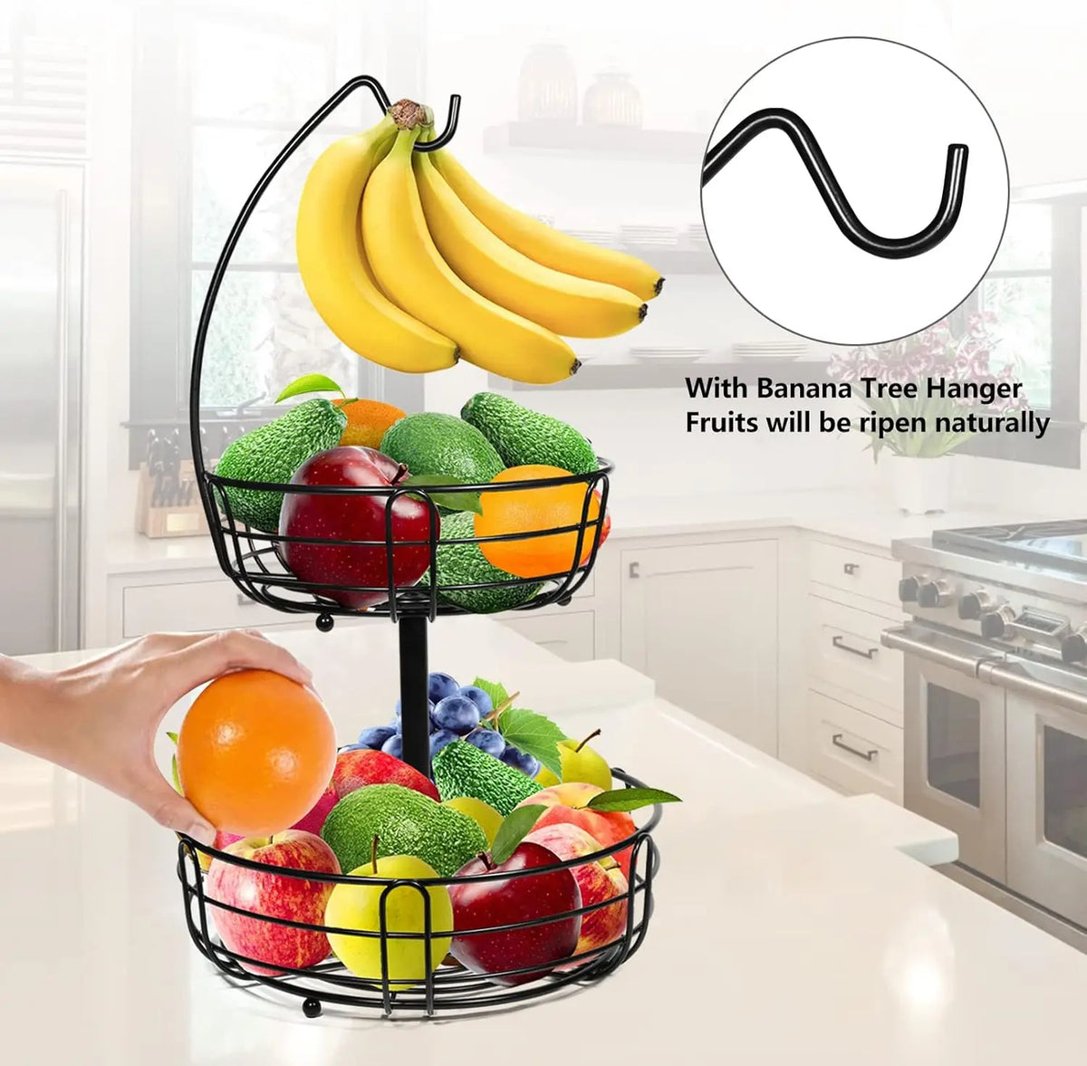 Kitchen Fruit Basket 2-Tier Countertop Storage with Banana Hook (Black)