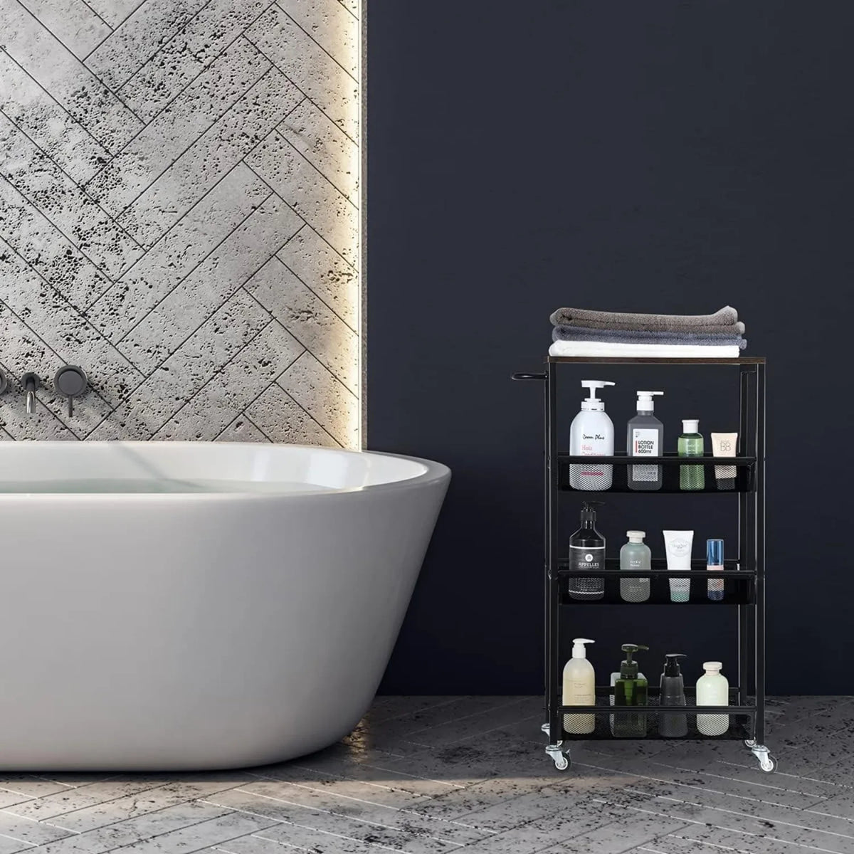 4-Tier Slim Rolling Cart with Wooden Top Metal Handle Space-Saving Storage Organizer for Small Kitchens