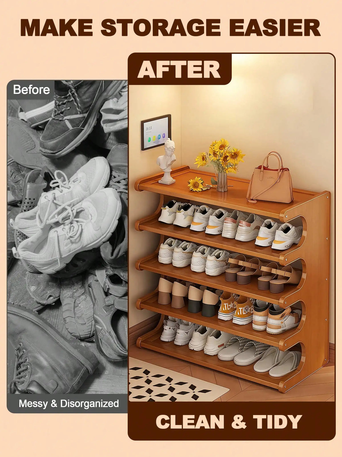 6-Tier Bamboo Shoe Rack – Space-Saving Freestanding Shoe Organizer Shelf with Elegant Arc Design for Closet, Entryway &amp; Home Storage