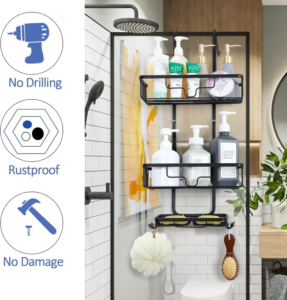 Over the Door Shower Caddy 3 Tier Hanging Shower Organizer Shelf for Bathroom