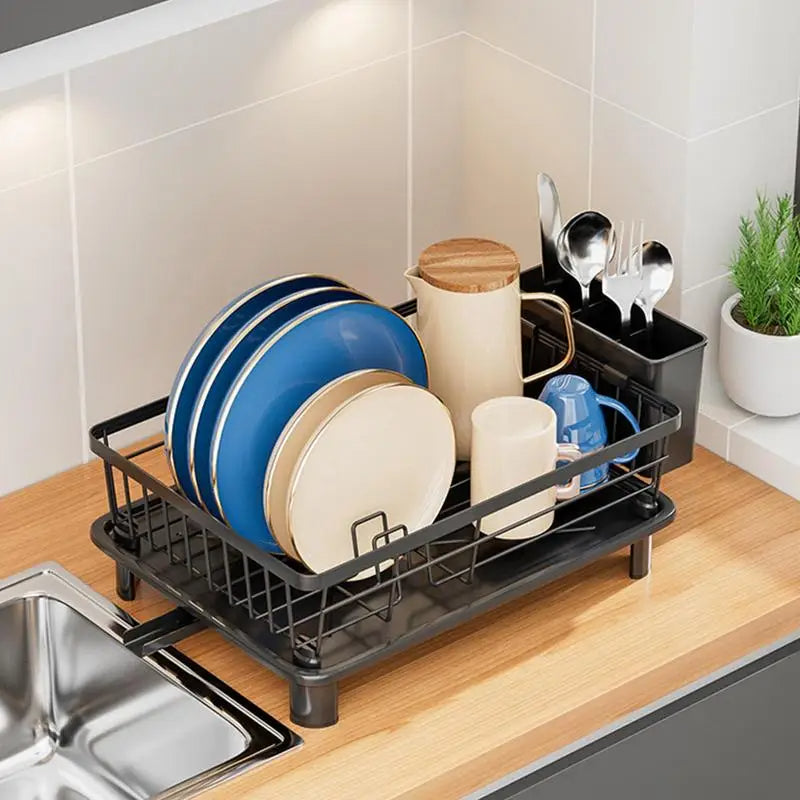 Dish Drainer Rack with Cutlery Cup Holders (White)