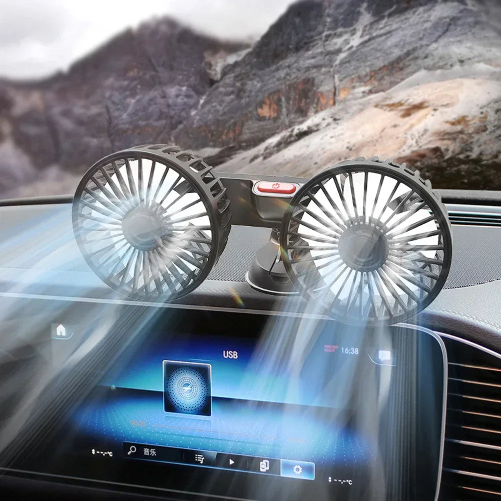 Portable USB Car Fan with Dual Heads 360° Rotation 3 Speeds