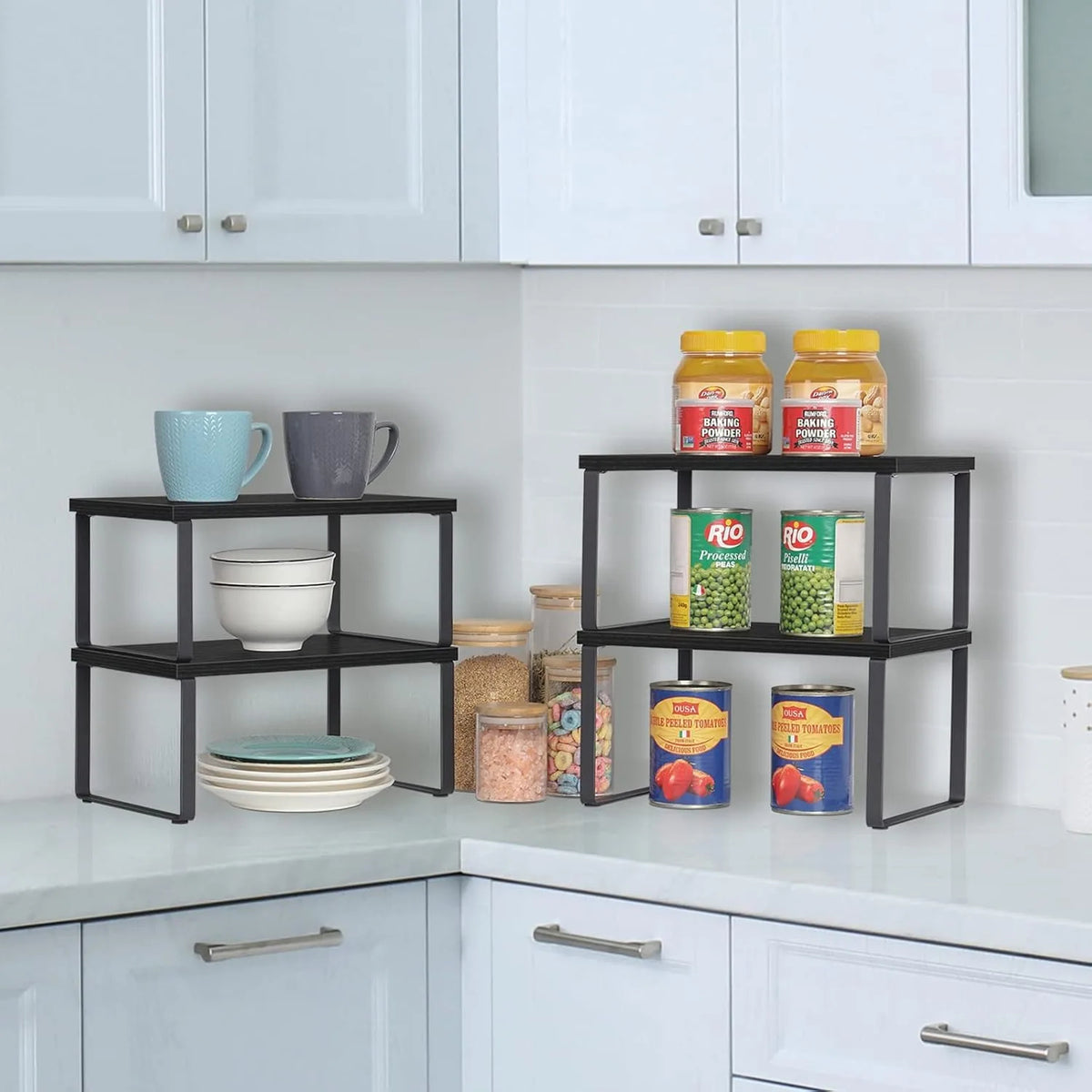 Set of 4 Wooden Stackable Kitchen Shelves Expandable Countertop (Black)