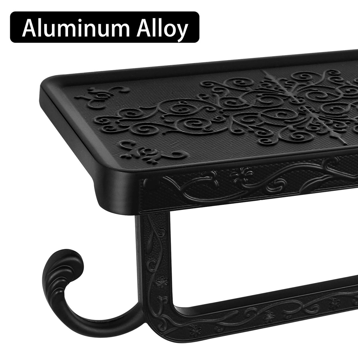Aluminum Alloy Toilet Paper Holder with Shelf Wall Mount Tissue Roll Storage for Bathroom (Black)