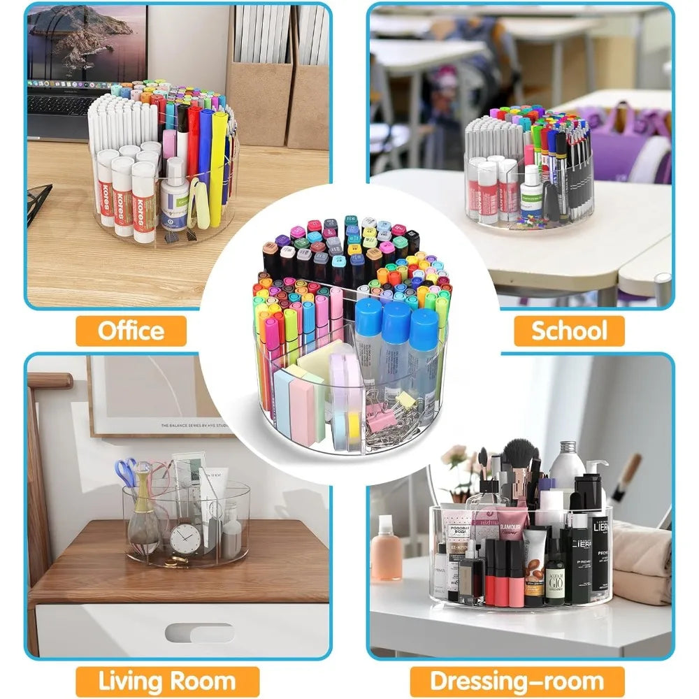 Acrylic Desk Organizer with 6 Compartments 360° Rotating Pen Holder and Marker Organizer for Office School
