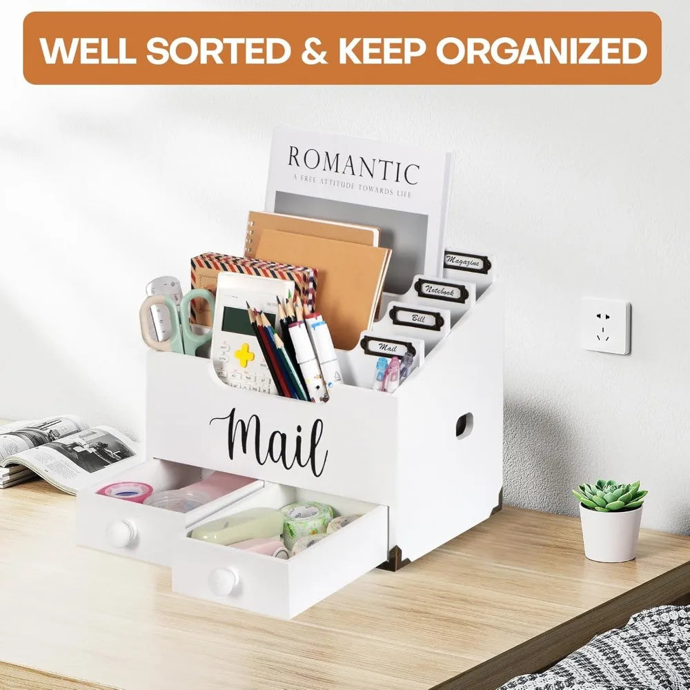 Wood Desktop Mail Organizer with 2 Drawers – 4 Compartment Desk Accessory Sorter for Home Office (White)