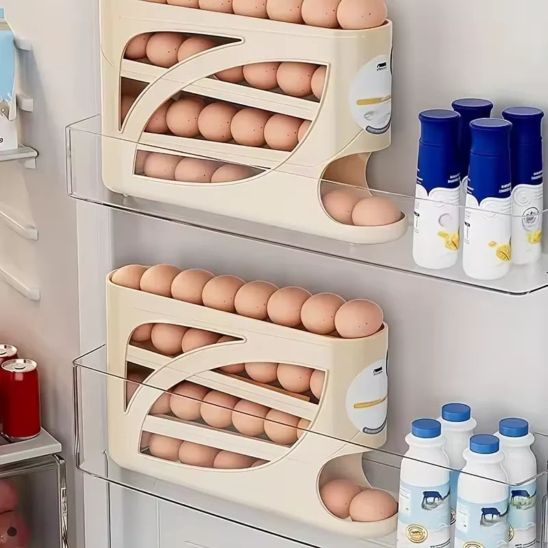 4-Tier Sliding Egg Dispenser – Automatic Rolling, Shatterproof Refrigerator Storage Rack for Space-Saving Kitchen Organization