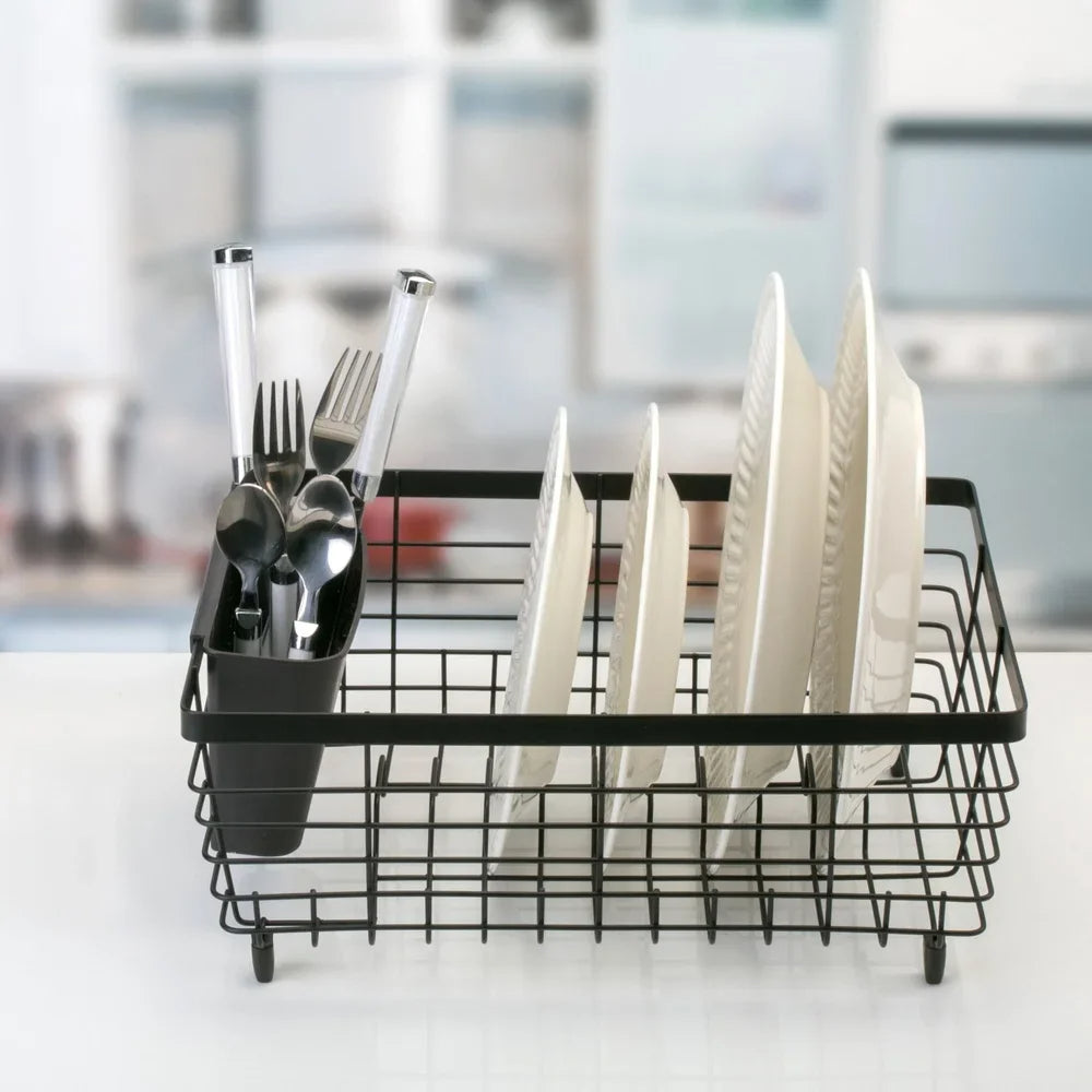 Flat Wire Dish Drying Rack with Cutlery Basket &amp; Drain Tray