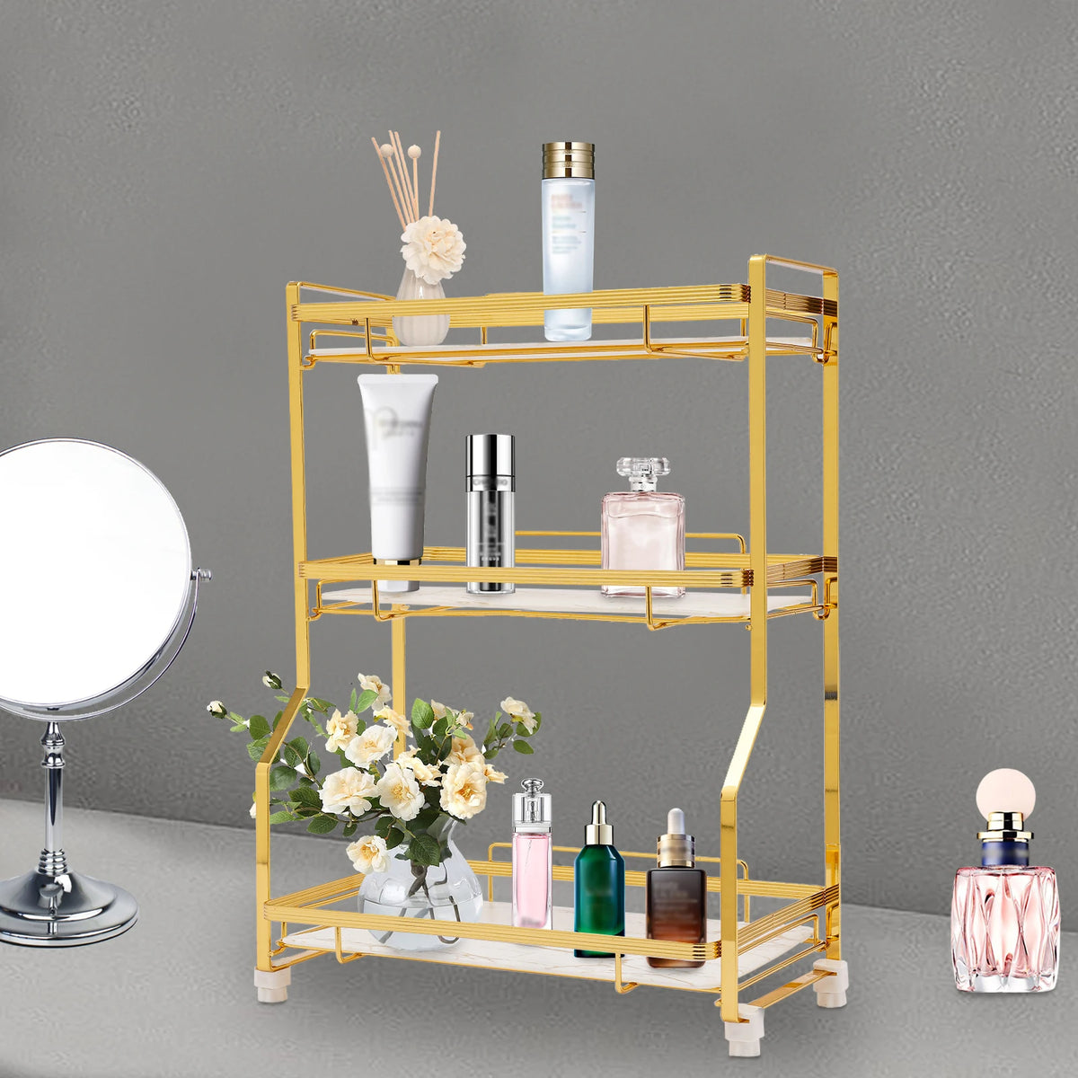 Gold Bathroom Countertop Organizer 3-Tier with Storage Basket