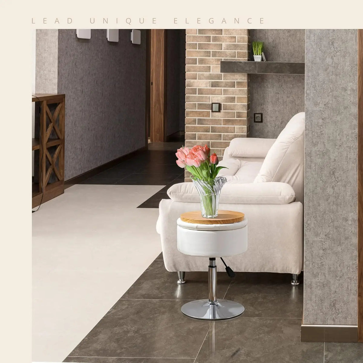 Faux Leather Vanity Chair with Storage Height Adjustable Makeup Stool (Black)