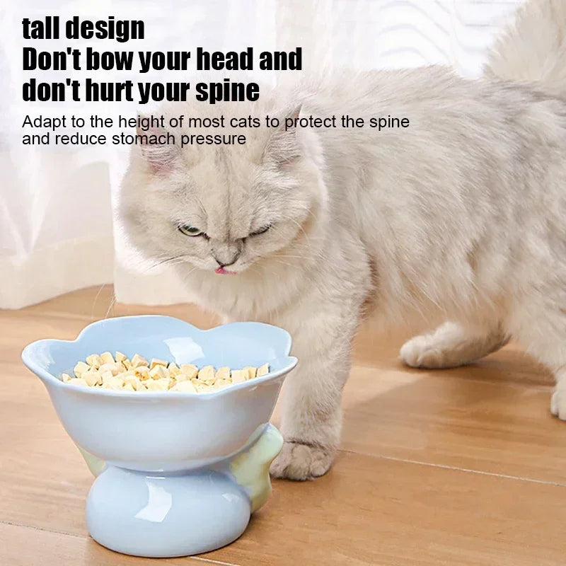 Raised Ceramic Cat Bowl Flower Pet Feeder for Small Dogs (Blue)