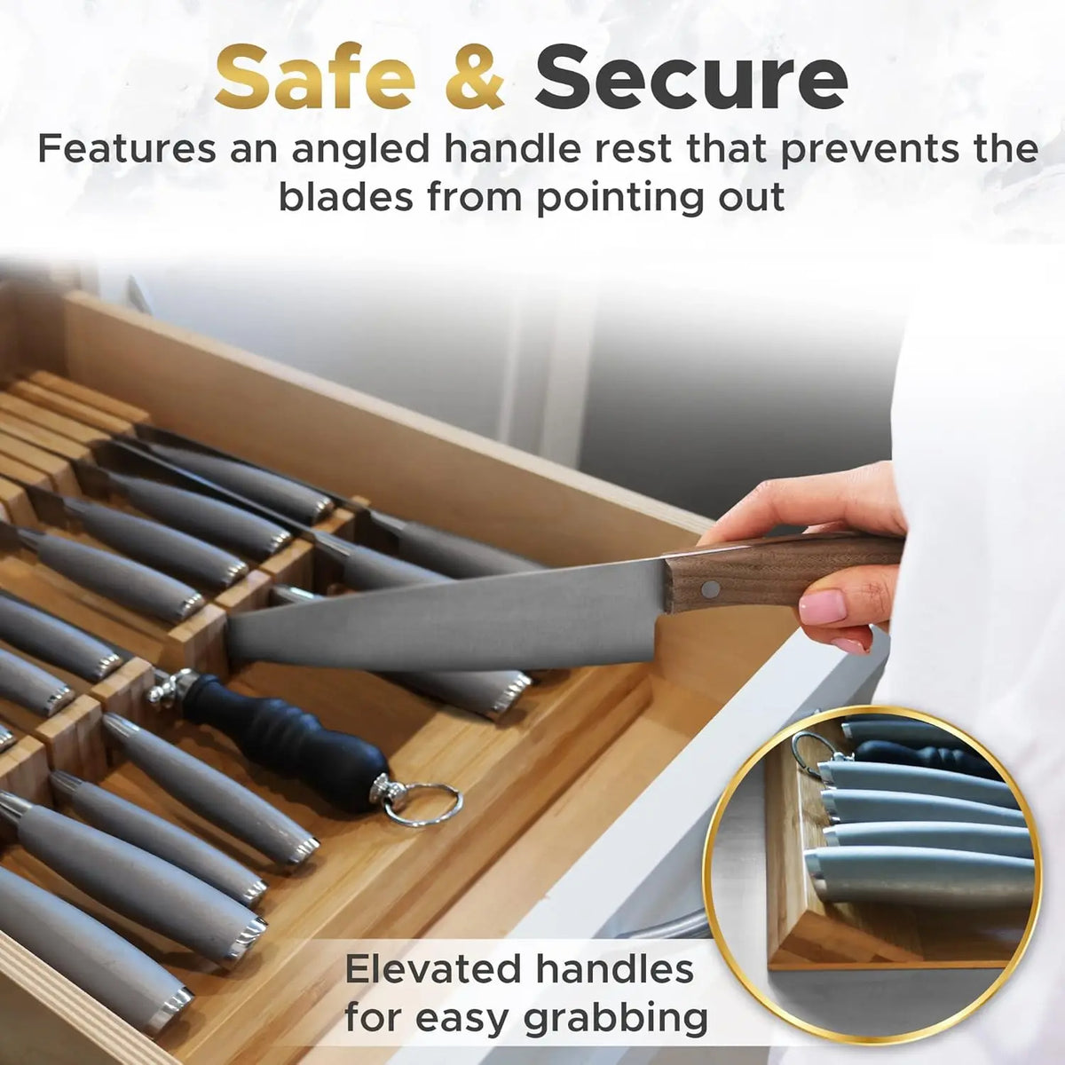 Bamboo In-Drawer Knife Organizer with Sharpener Slot