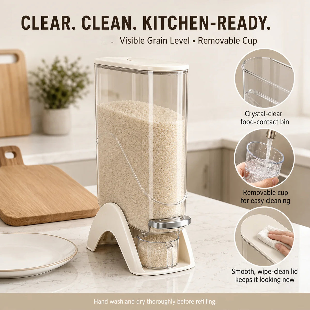 Slim Rice Storage Container 12LBS Vertical One-Touch Automatic Food Dispenser with Measuring Cup, Airtight Dry Food Storage Bin for Rice, Beans &amp; Grains, Space-Saving Kitchen Organizer