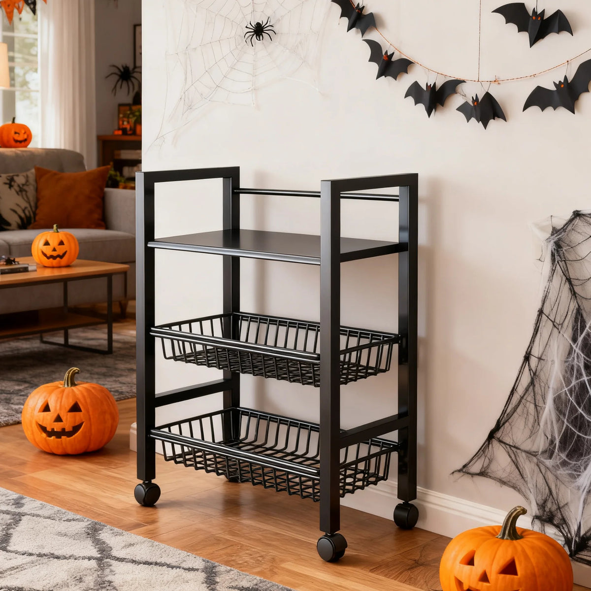 3-Tier Kitchen Storage Rack – Adjustable Utility Trolley with 2 Wire Baskets