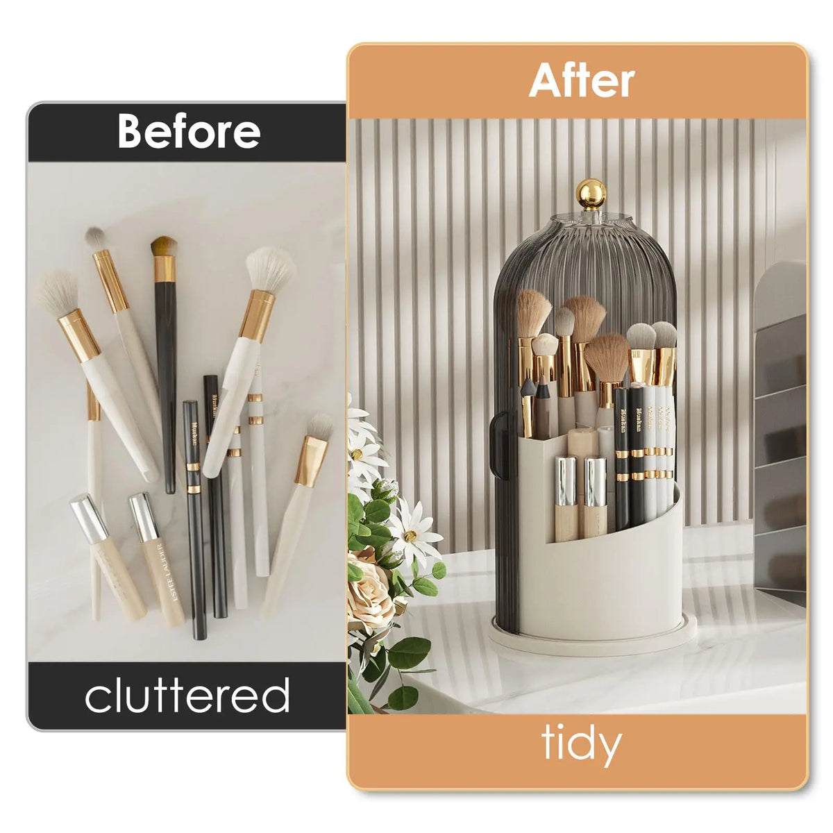 Rotating Makeup Brush Holder with Clear Lid and 3 Compartments (White)