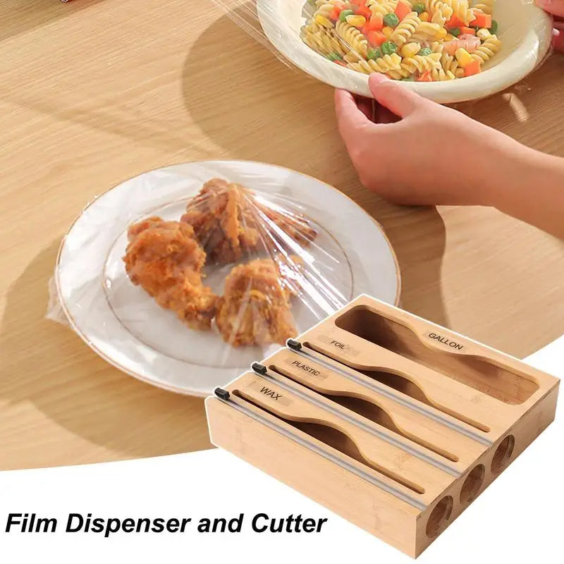 Bamboo Kitchen Storage Box with Film Cutter Bag Dispenser